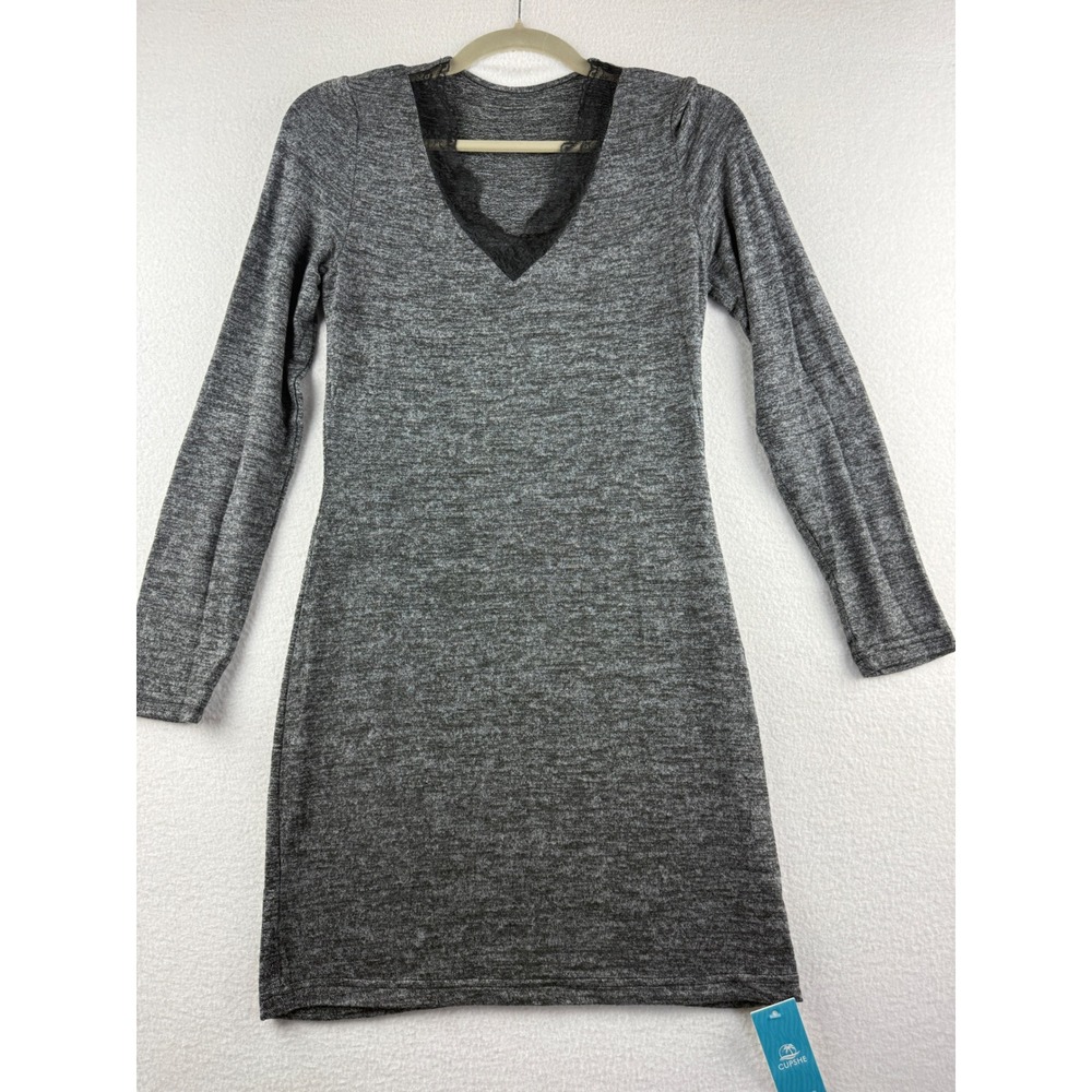 Cupshe Womens Grey Marled Lace Trim V-Neck L/S Mini‎ Dress XS AA05A3H090BA